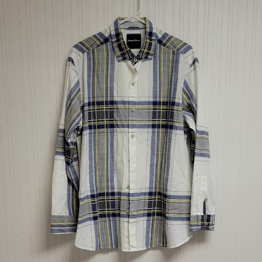 Tommy Bahama Silk Plaid Shirt Blue & Yellow Cotton. Medium coastal summer